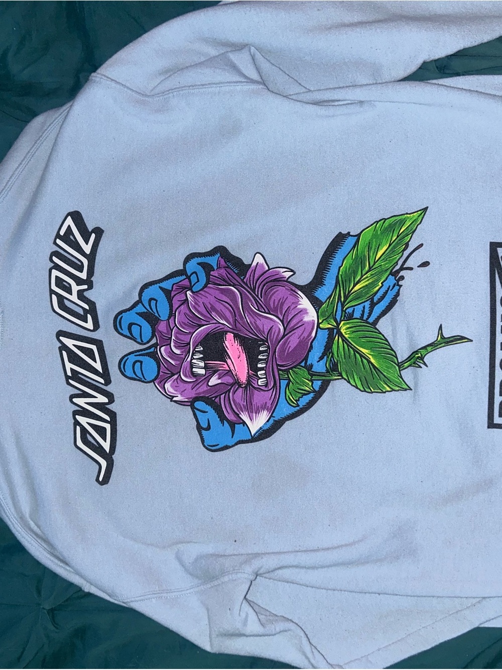 Santa Cruz Skateboards Light Blue Hoodie with Purple Rose and Green Leaves